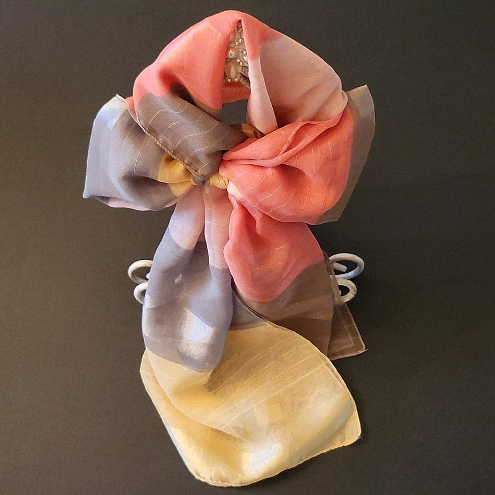 NEW Shimmery Striped Scarf/Twilly, Grey, Pink, Yellow, Made in Italy 🇮🇹